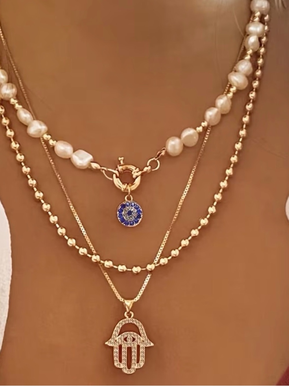 Layered Gold Pearl Necklace Set with Blue Pave Charm Retro Bohemian Evil Eye Y2K
